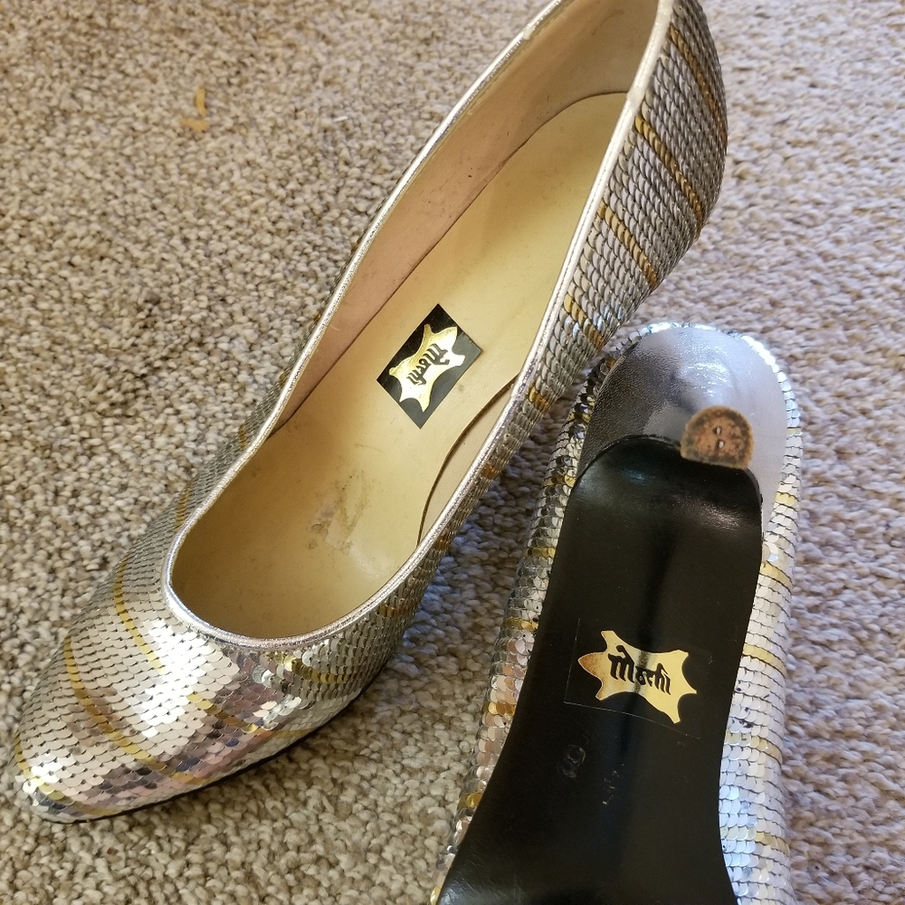 Vintage Mochi silver and gold sequin heels sz 6 - Picture 2 of 3
